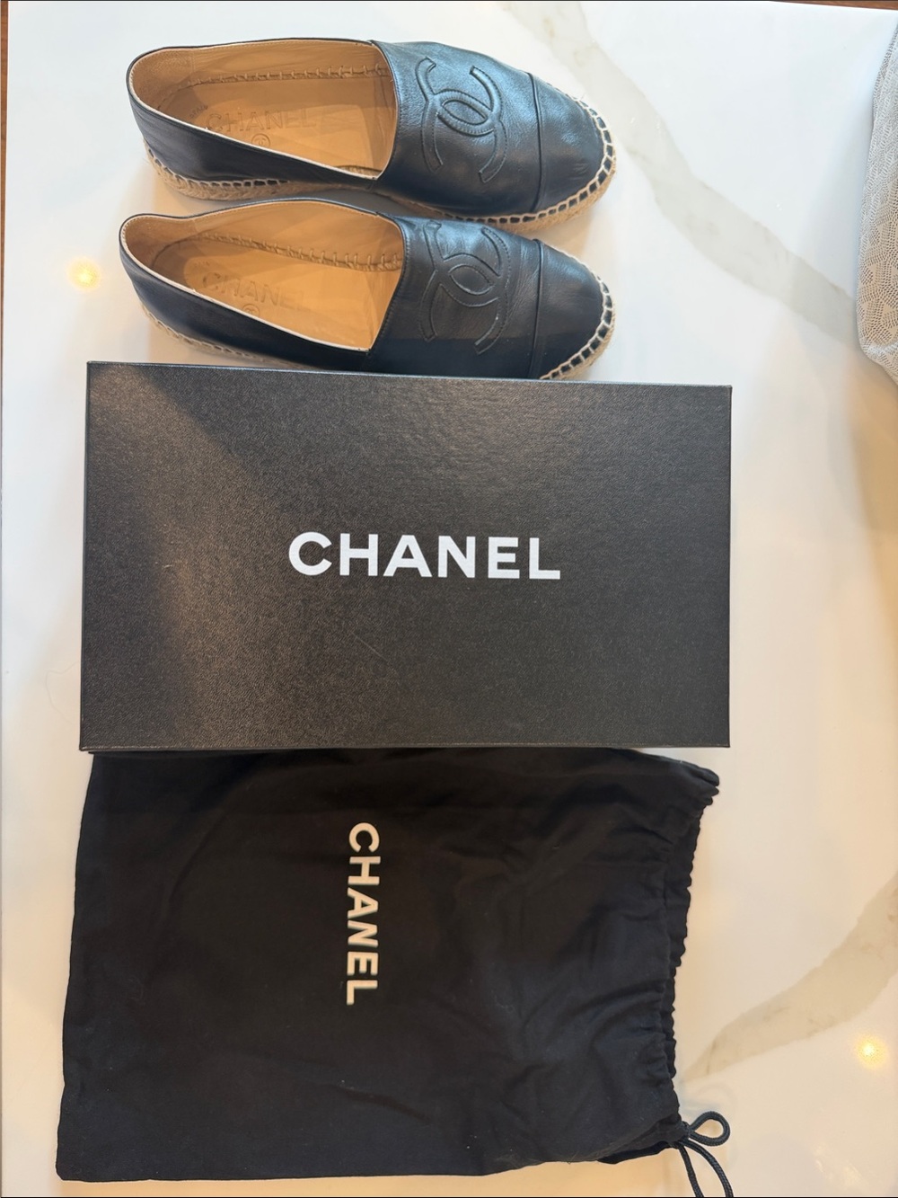 CHANEL Black Leather Espadrille Slip-Ons with CC Motif - Picture 1 of 6